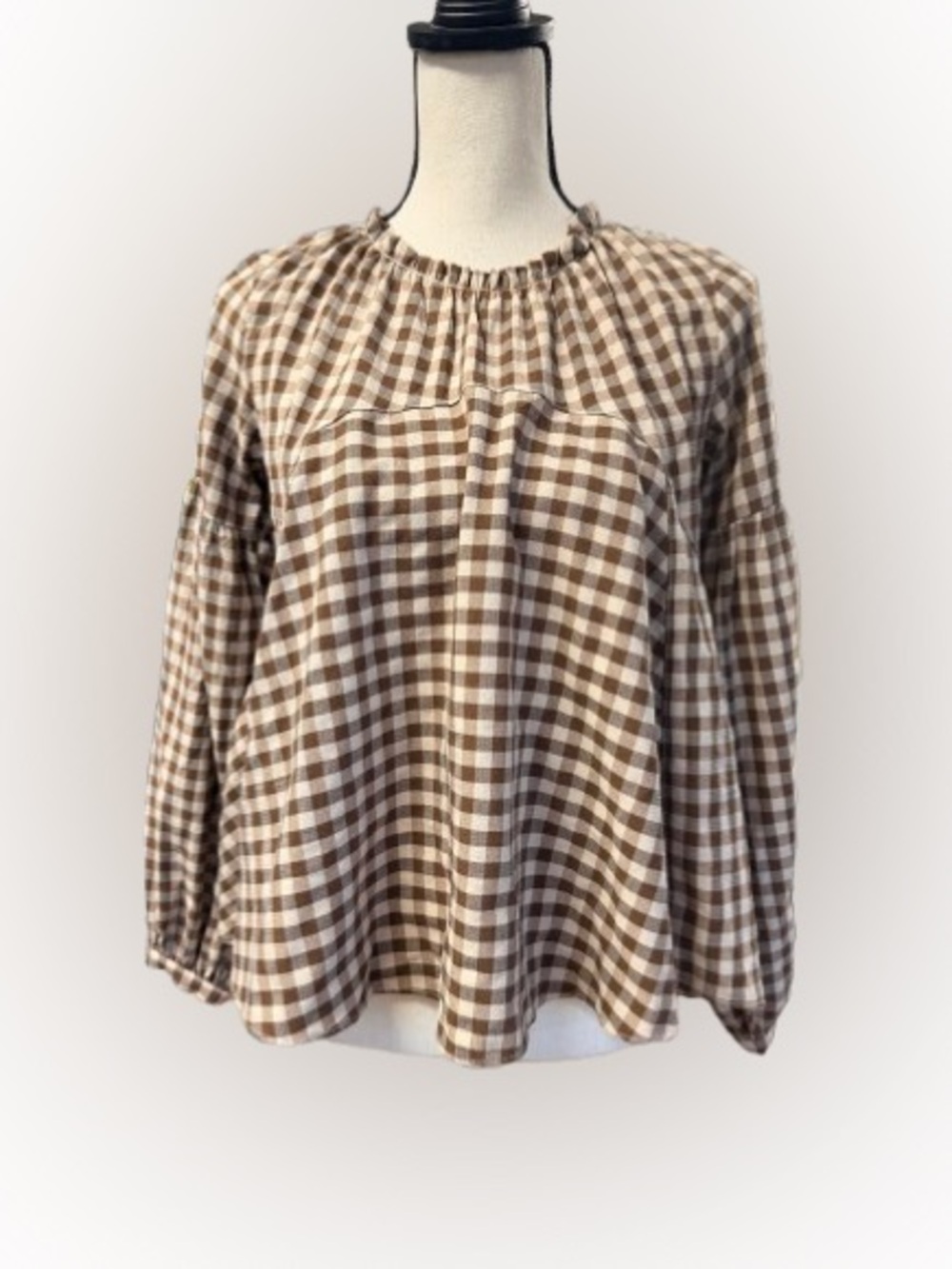 Gingham Open Back Blouse Women’s Small VICI Brown Cream Cottagecore